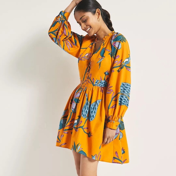 Anthropologie Dresses & Skirts - Forever That Girl Printed Tunic Dress Long Sleeves Orange Blue Medium Petite